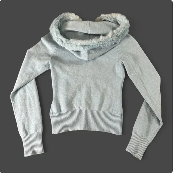Bebe Genuine Fur Trim Zip Hoodie Y2K Baby Blue Fitted Knit Rhinestones Jacket XS - Picture 5 of 8